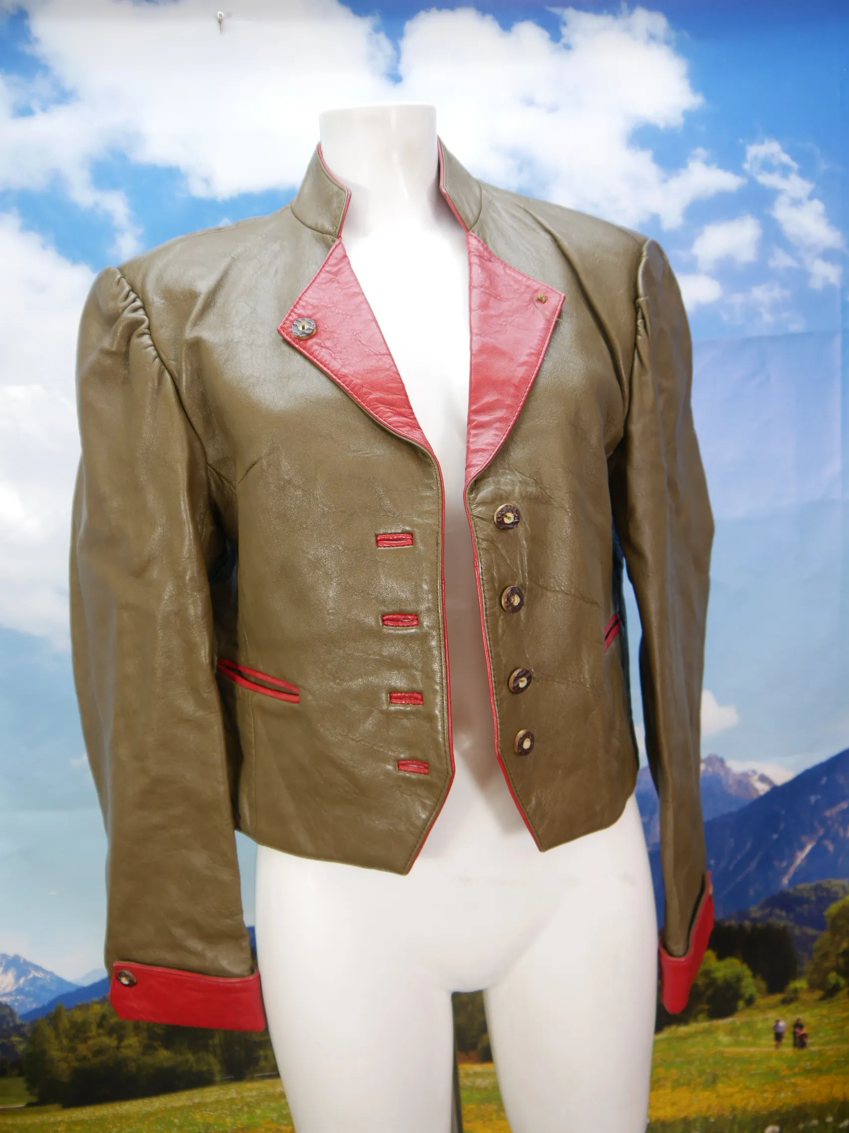 Alphorn echtes Leder braun mit rot fesch kurze Trachtenjacke Jacke Gr.44