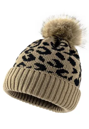Fuzzy-Pom-Pom-Leoparden-Strickmütze in Khaki