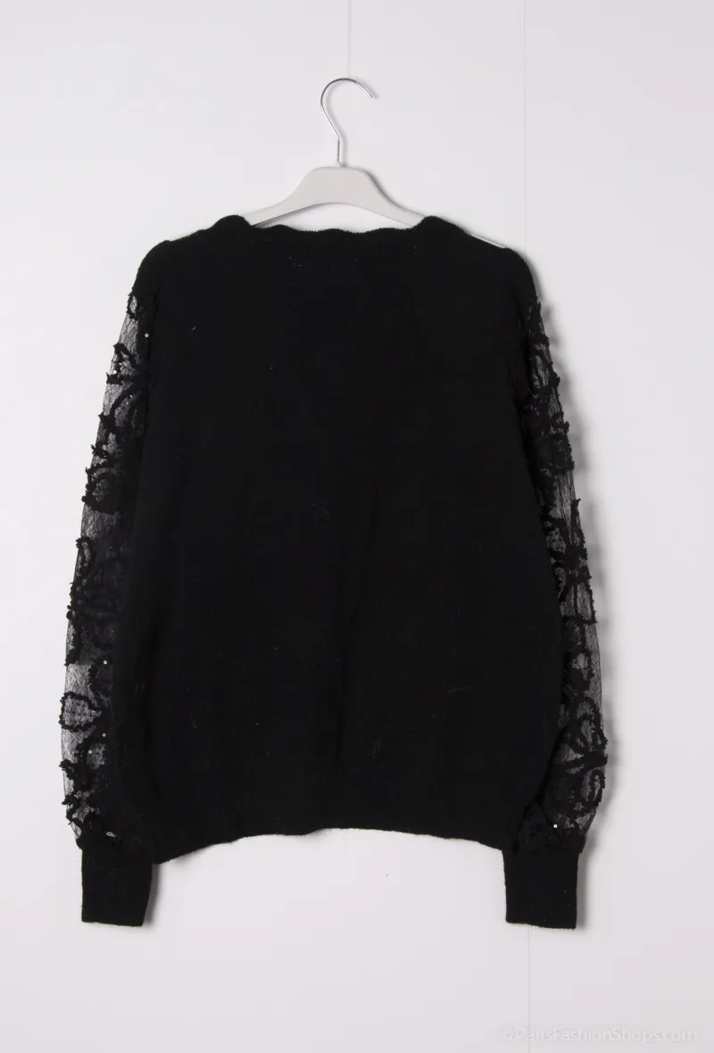 Mohair-Touch-Pullover, Herzkragen mit durchbrochenen Pailletten-Schleierärmeln