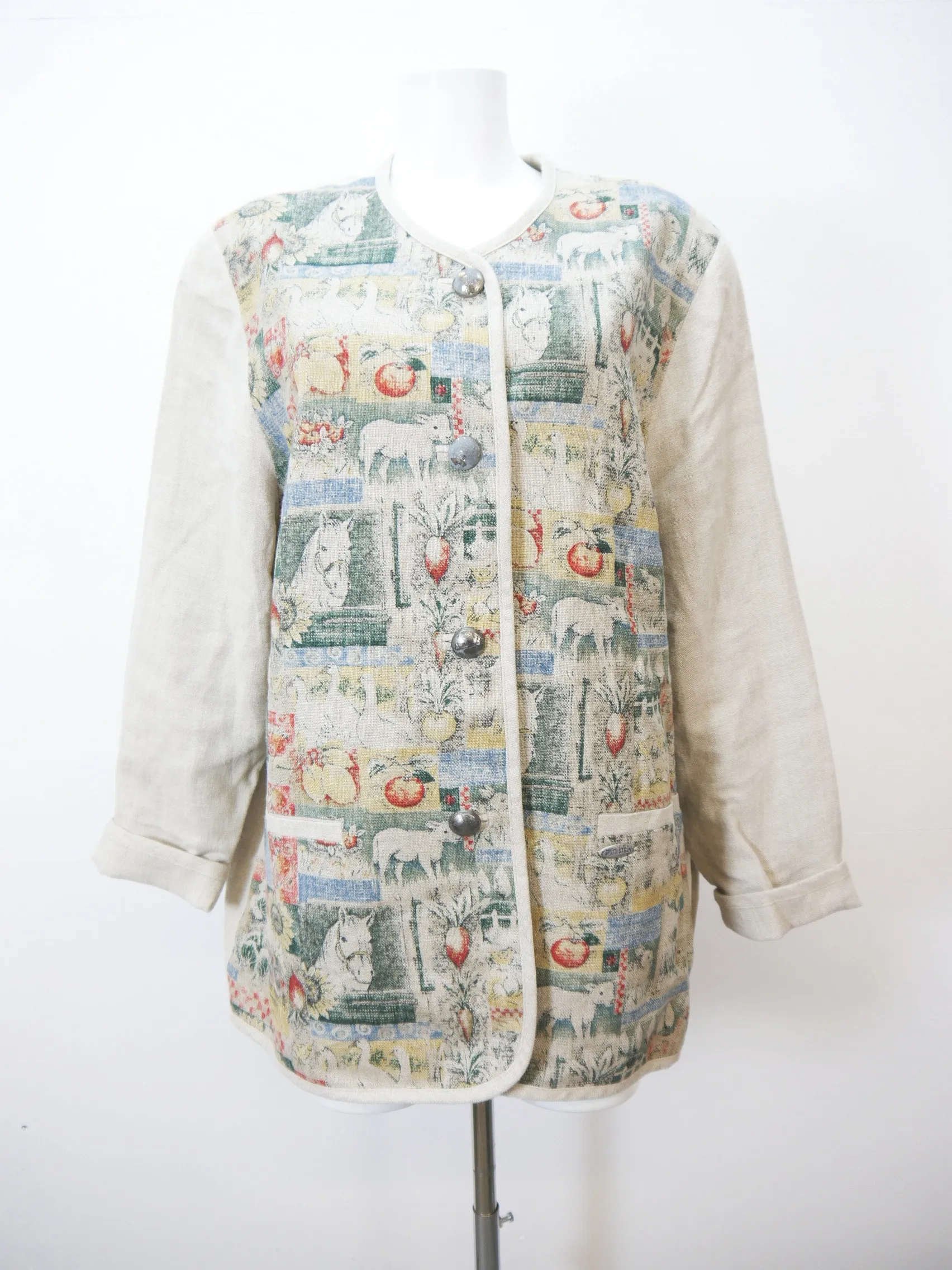 Neuwertig Spitzstein beige mit Druck wunderbare Damen Leinen Trachtenjacke Gr.50