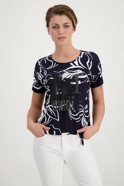 Rundhals T-Shirt mit Alloverprint und Tunnelzug, Dunkelblau