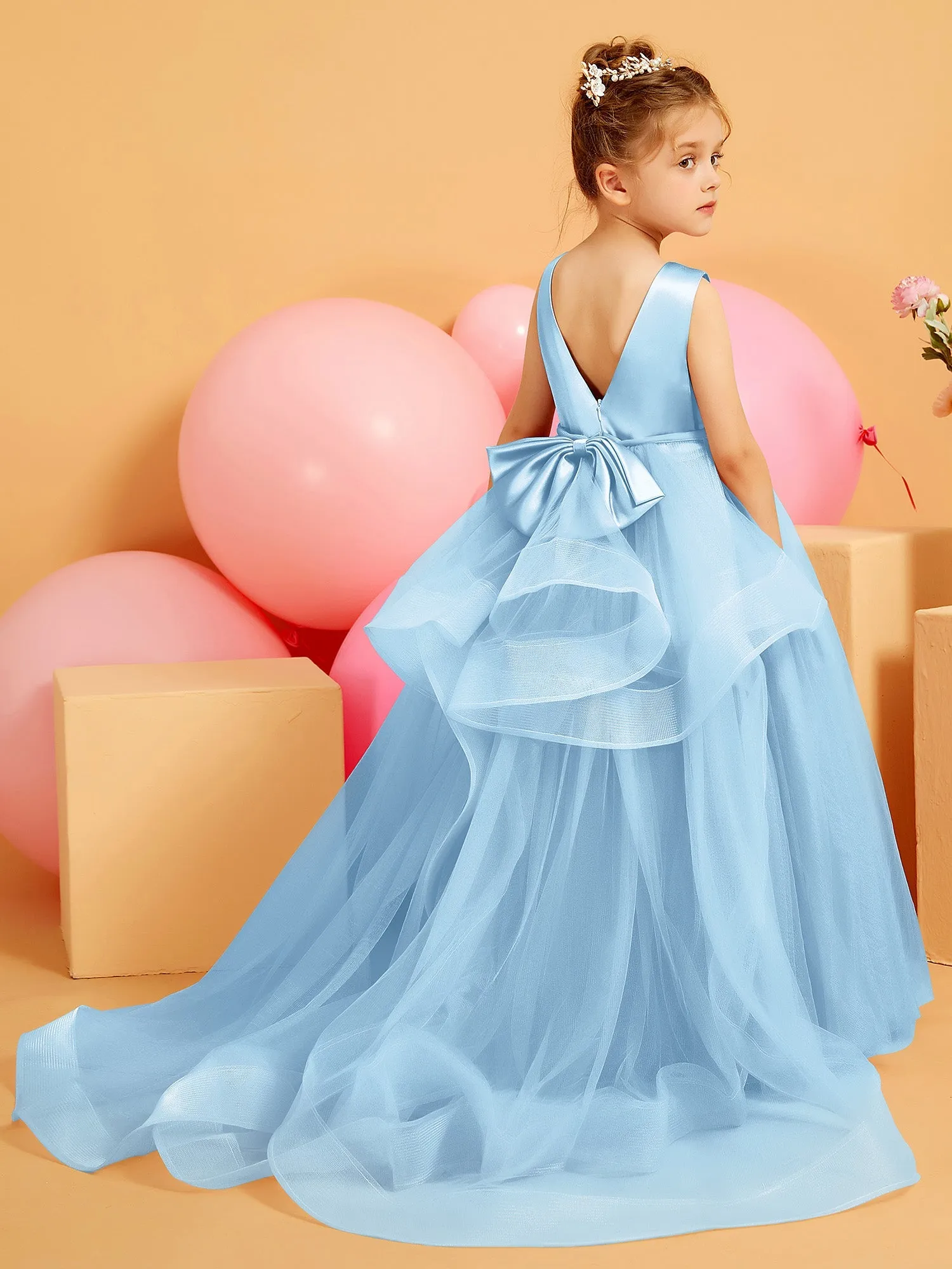 Satin Oberteil Tüll Kleid mit Diamant Taille Dekoration Himmelblau