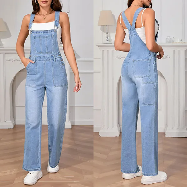 Trendiger Jumpsuit aus Vintage-Denim mit aufgesetzten Taschen, geradem Schnitt und verstellbaren Trägern